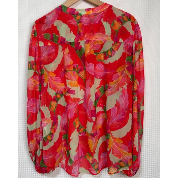 NWT Chicos Blouse Womens Size 3 L Georgette Flame Red Fiesta Floral Top Button n - Picture 9 of 10